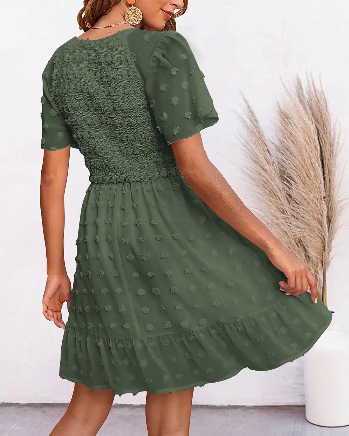 BTFBM Womens Beach Vacation Dress V Neck Short Sleeve Smocked Swiss Dot Casual Ruffle Mini Spring Summer Dresses 2025