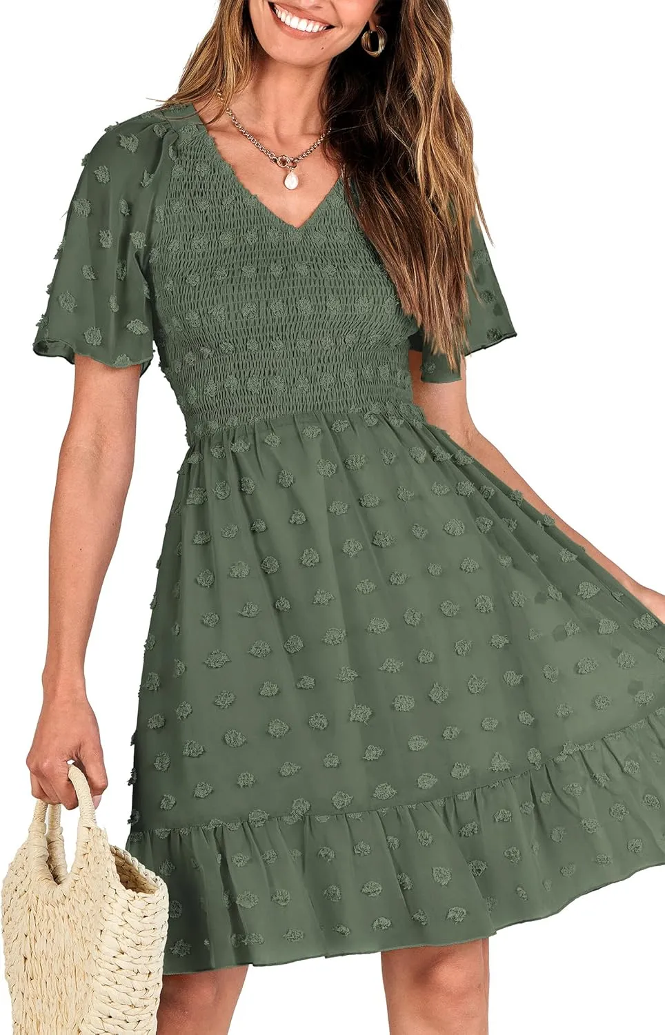 BTFBM Womens Beach Vacation Dress V Neck Short Sleeve Smocked Swiss Dot Casual Ruffle Mini Spring Summer Dresses 2025