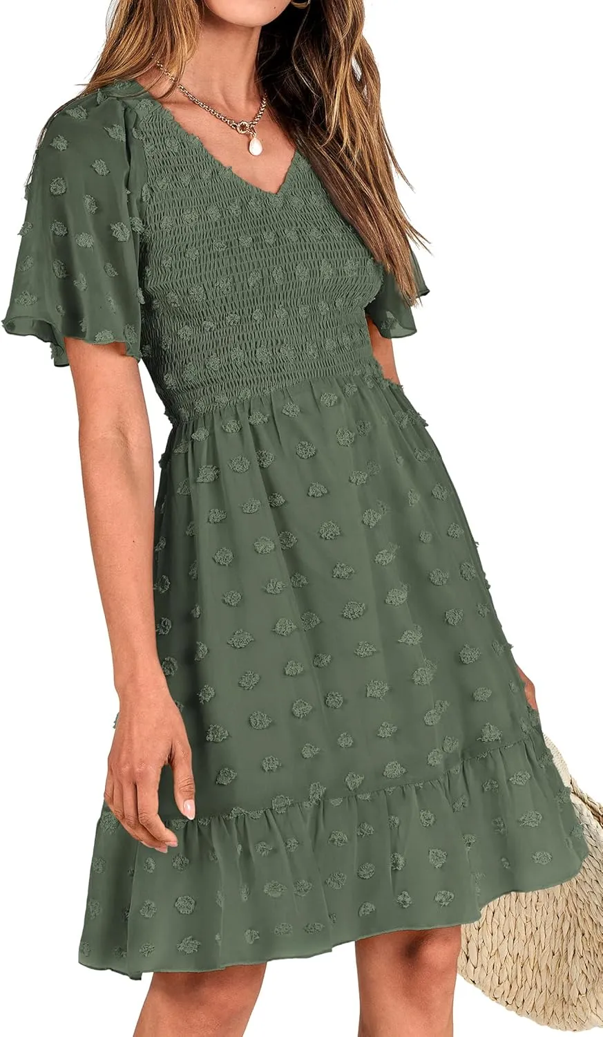 BTFBM Womens Beach Vacation Dress V Neck Short Sleeve Smocked Swiss Dot Casual Ruffle Mini Spring Summer Dresses 2025