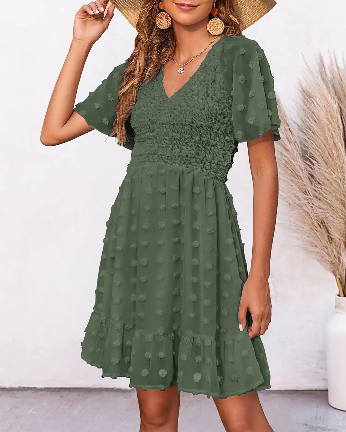 BTFBM Womens Beach Vacation Dress V Neck Short Sleeve Smocked Swiss Dot Casual Ruffle Mini Spring Summer Dresses 2025