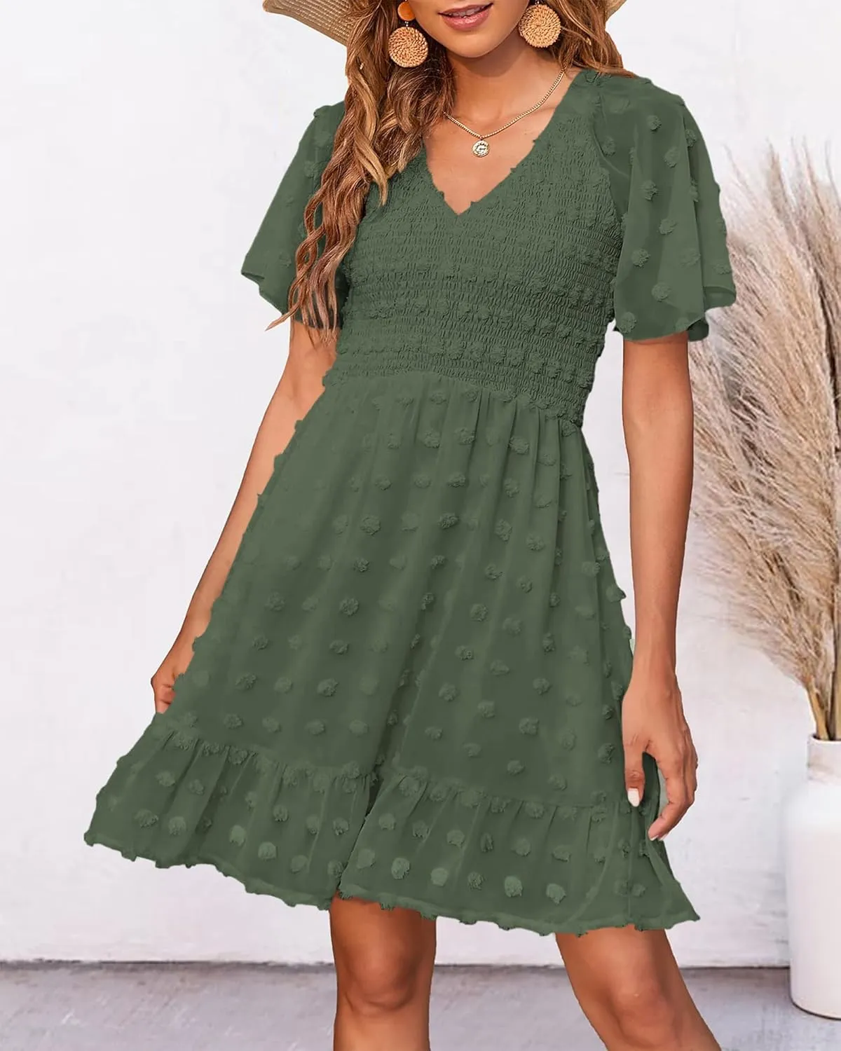 BTFBM Womens Beach Vacation Dress V Neck Short Sleeve Smocked Swiss Dot Casual Ruffle Mini Spring Summer Dresses 2025