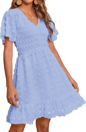 BTFBM Womens Beach Vacation Dress V Neck Short Sleeve Smocked Swiss Dot Casual Ruffle Mini Spring Summer Dresses 2025