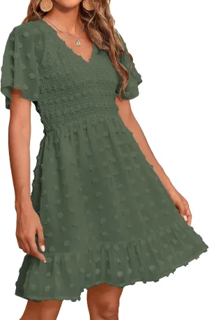 BTFBM Womens Beach Vacation Dress V Neck Short Sleeve Smocked Swiss Dot Casual Ruffle Mini Spring Summer Dresses 2025