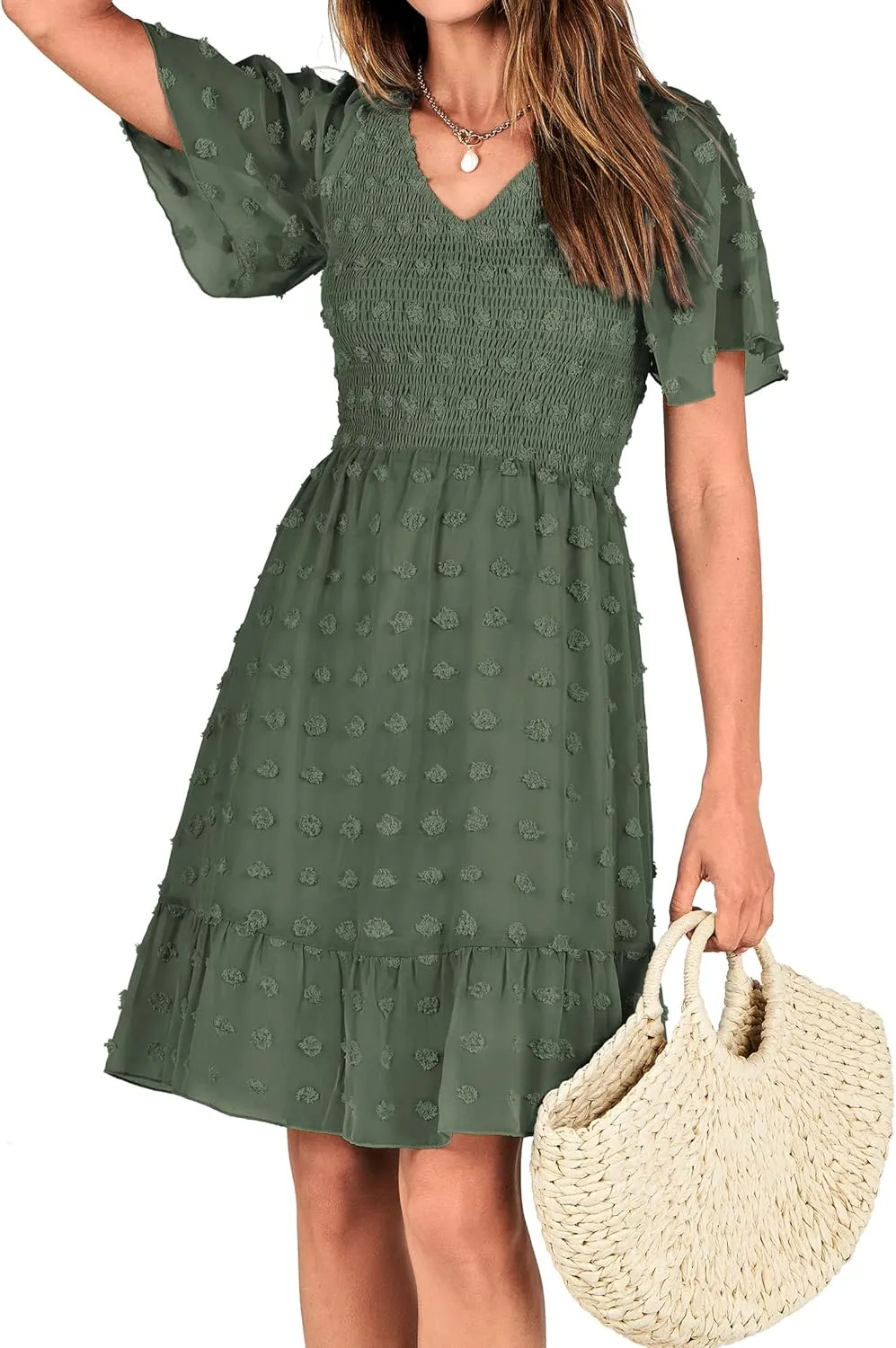 BTFBM Womens Beach Vacation Dress V Neck Short Sleeve Smocked Swiss Dot Casual Ruffle Mini Spring Summer Dresses 2025