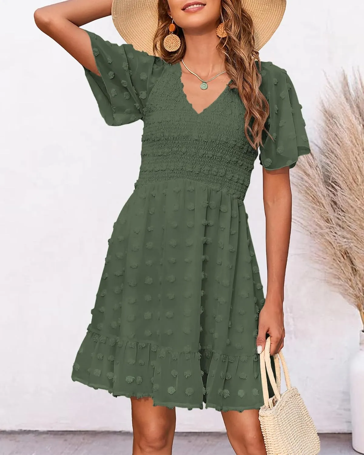 BTFBM Womens Beach Vacation Dress V Neck Short Sleeve Smocked Swiss Dot Casual Ruffle Mini Spring Summer Dresses 2025