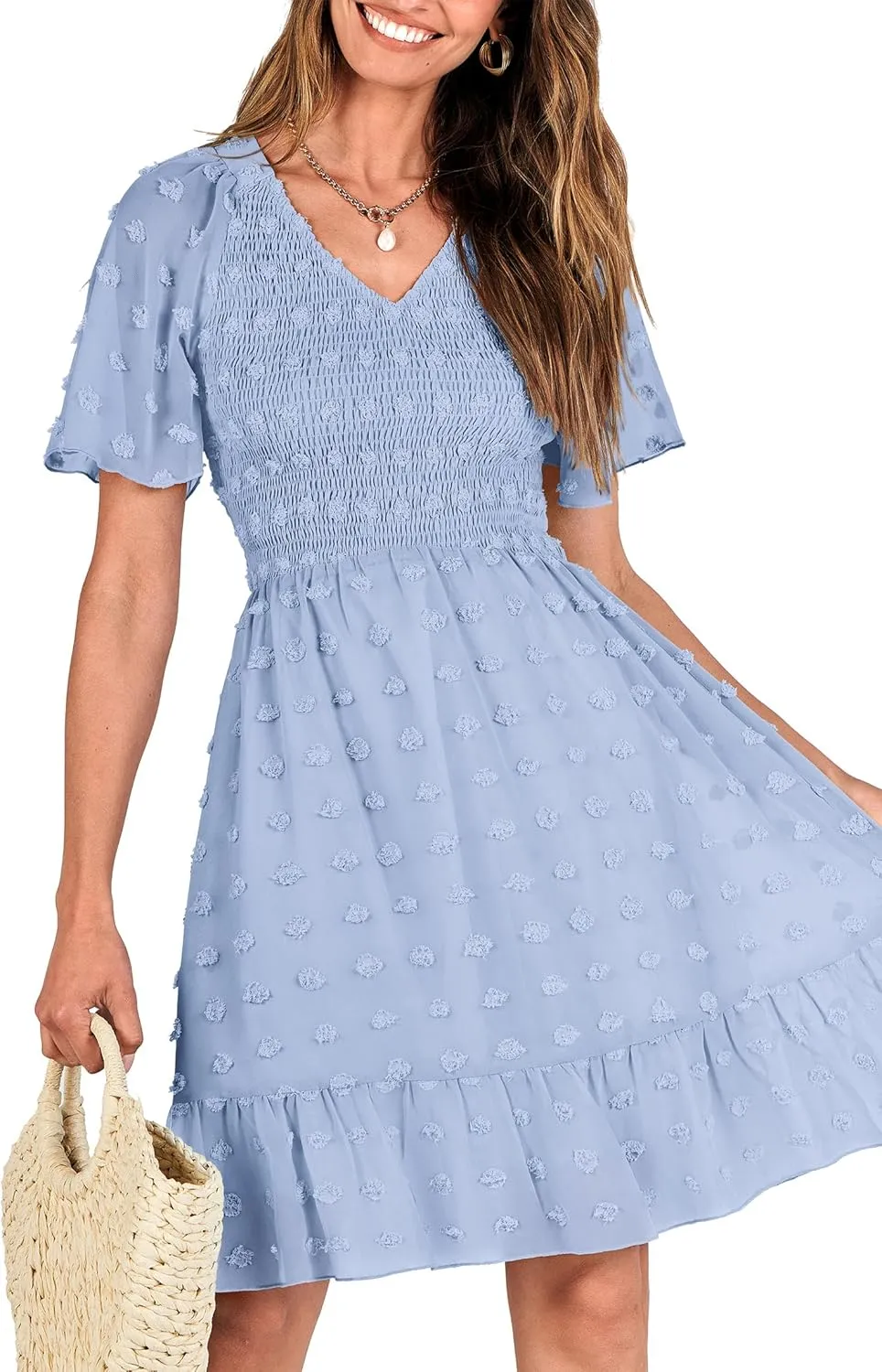 BTFBM Womens Beach Vacation Dress V Neck Short Sleeve Smocked Swiss Dot Casual Ruffle Mini Spring Summer Dresses 2025