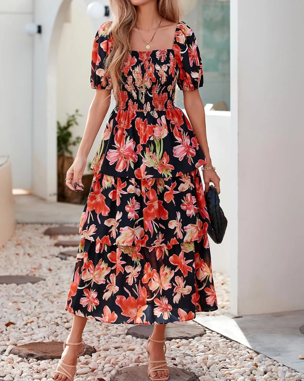 BTFBM Womens Square Neck Smocked Dress Summer Puff Short Sleeve Floral Casual Ruffle Tiered Maxi Wedding Guest Dresses