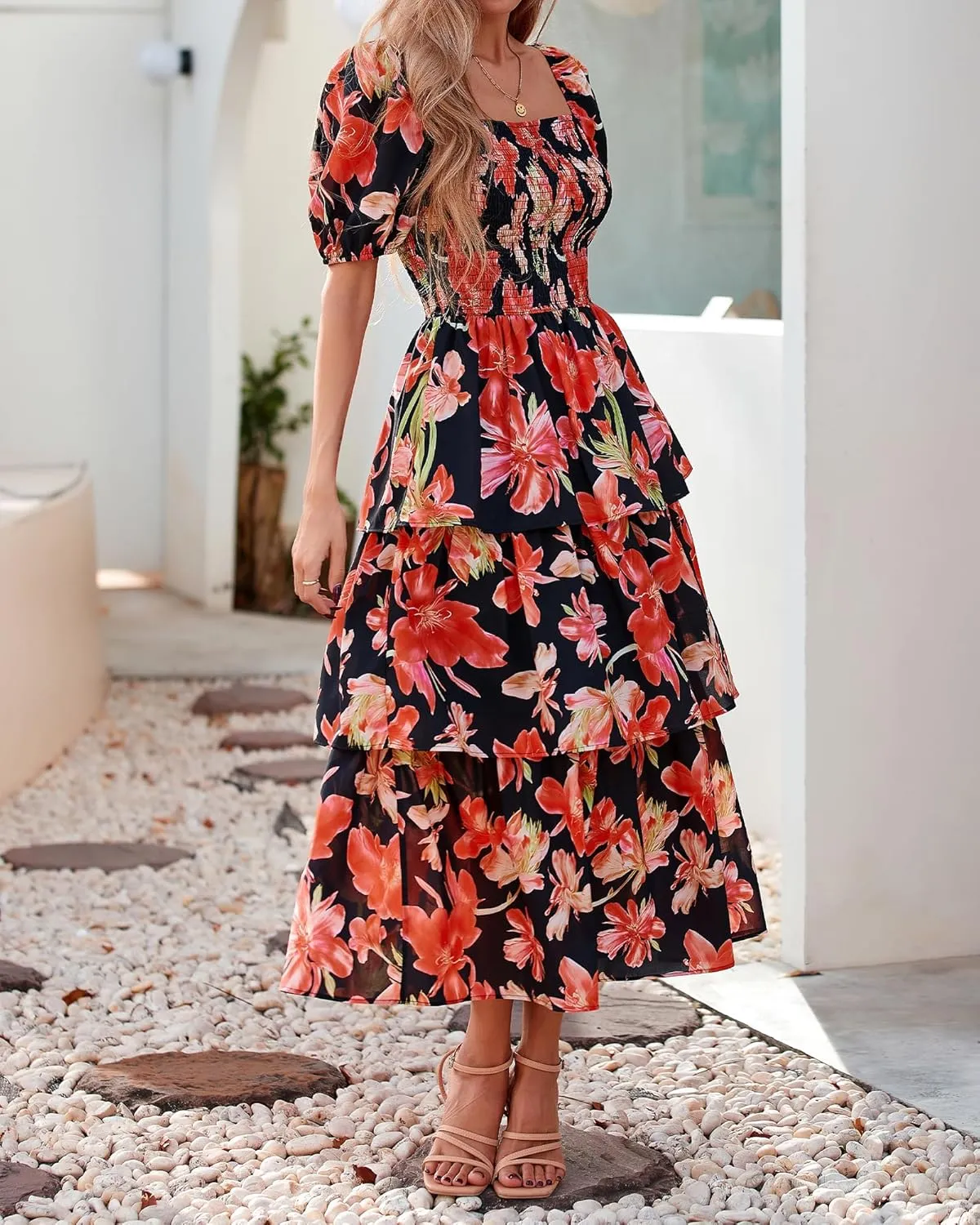 BTFBM Womens Square Neck Smocked Dress Summer Puff Short Sleeve Floral Casual Ruffle Tiered Maxi Wedding Guest Dresses
