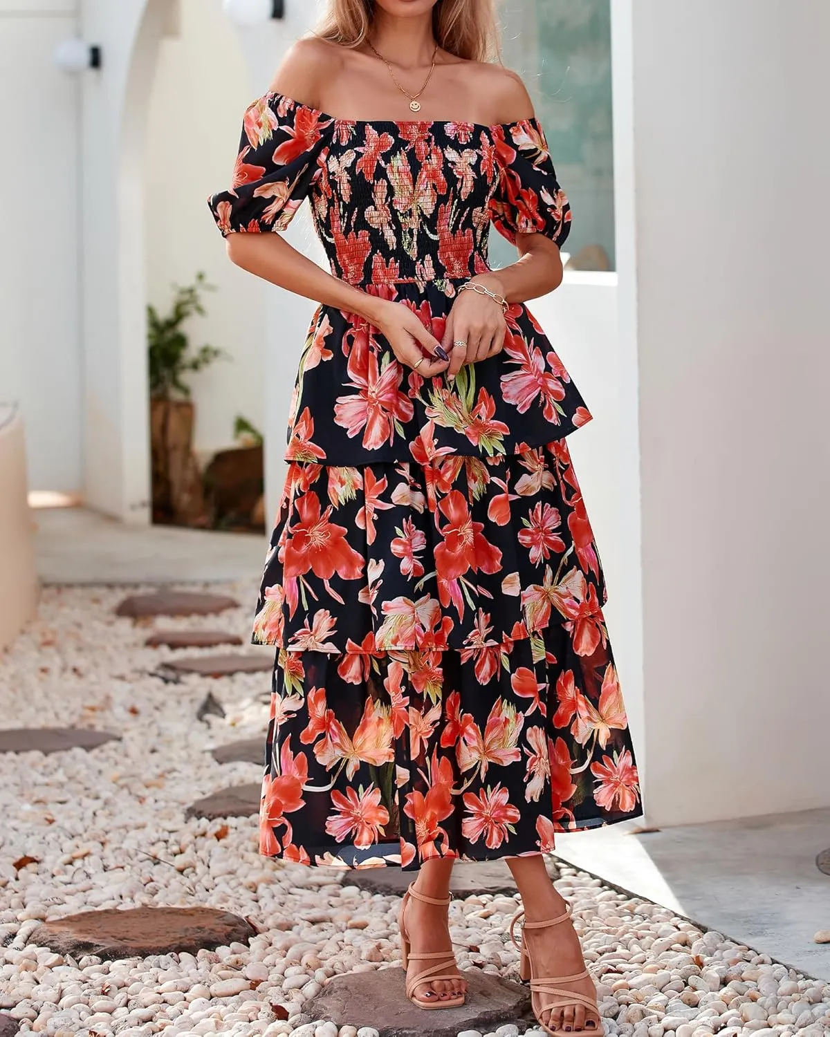 BTFBM Womens Square Neck Smocked Dress Summer Puff Short Sleeve Floral Casual Ruffle Tiered Maxi Wedding Guest Dresses