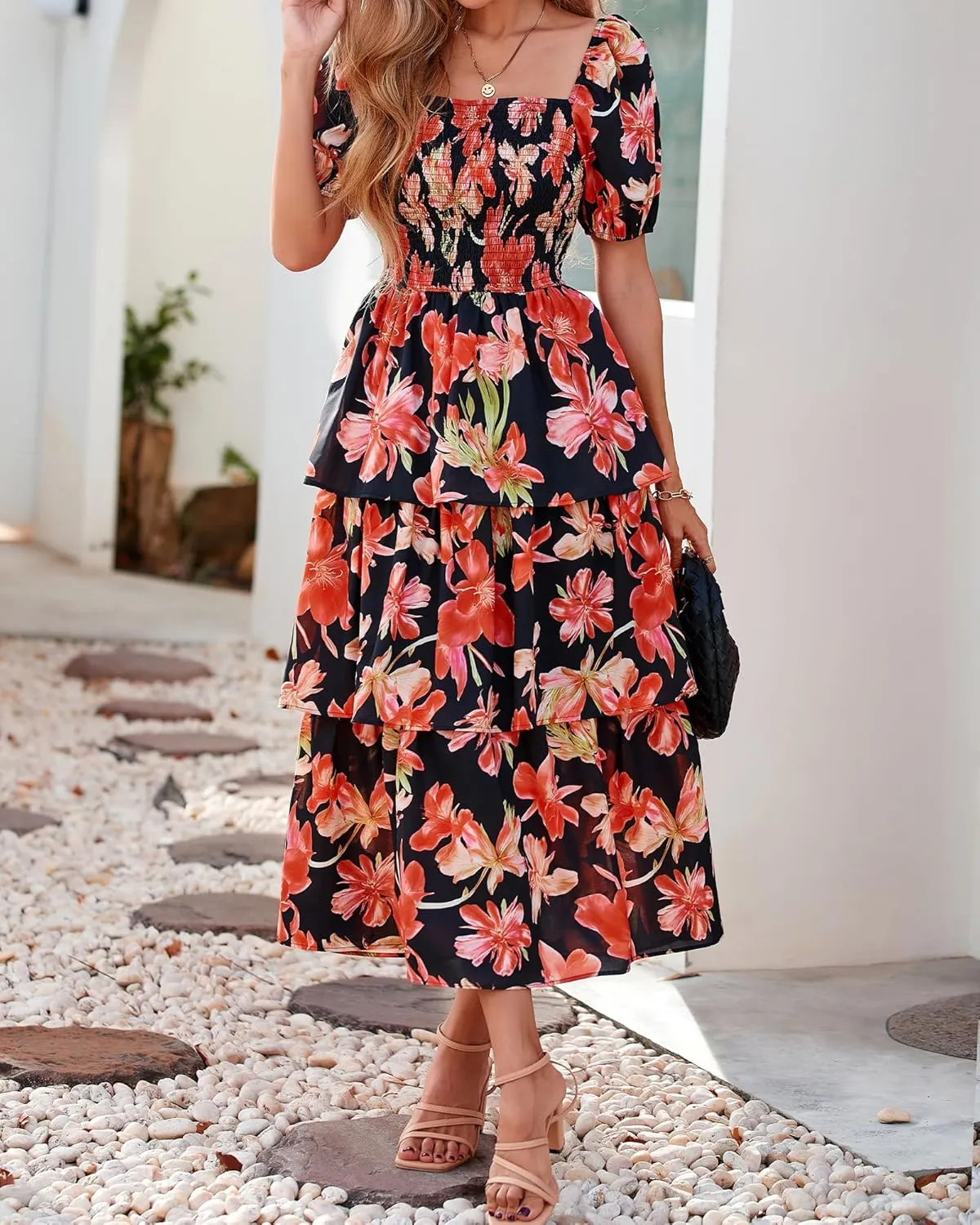 BTFBM Womens Square Neck Smocked Dress Summer Puff Short Sleeve Floral Casual Ruffle Tiered Maxi Wedding Guest Dresses