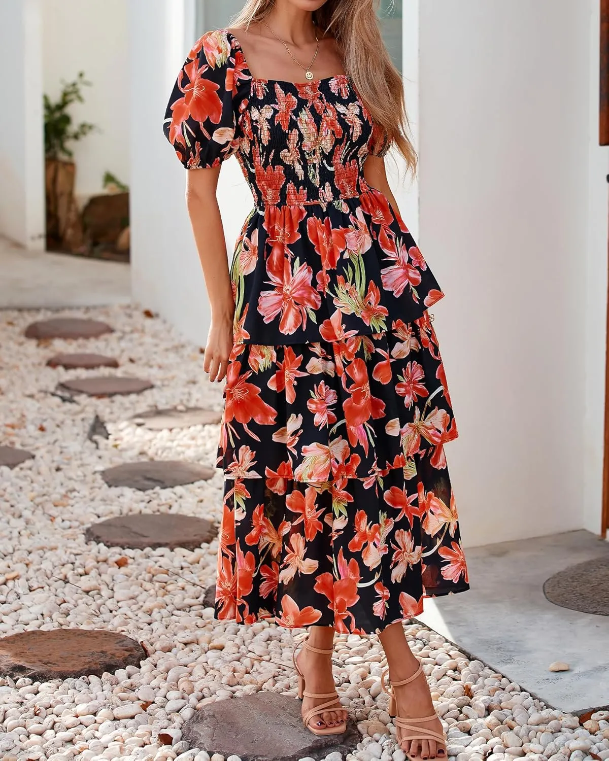 BTFBM Womens Square Neck Smocked Dress Summer Puff Short Sleeve Floral Casual Ruffle Tiered Maxi Wedding Guest Dresses