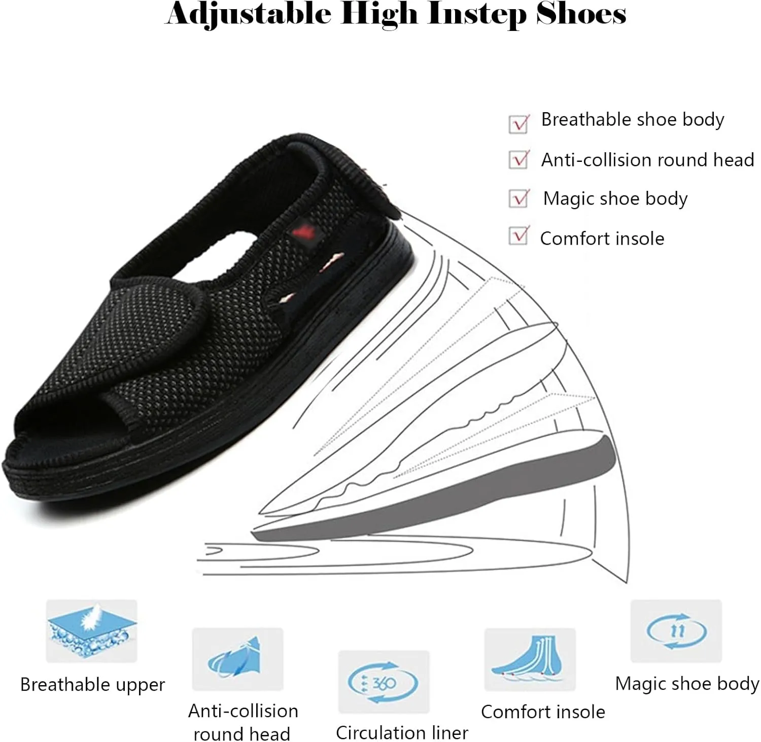 bumuam Men Diabetic Walking Sandals Edema Shoes, Extra Wide Width Arthritis&Edema Footwear Soft Breathable Indoor Slippers for Elderly Swollen Feet