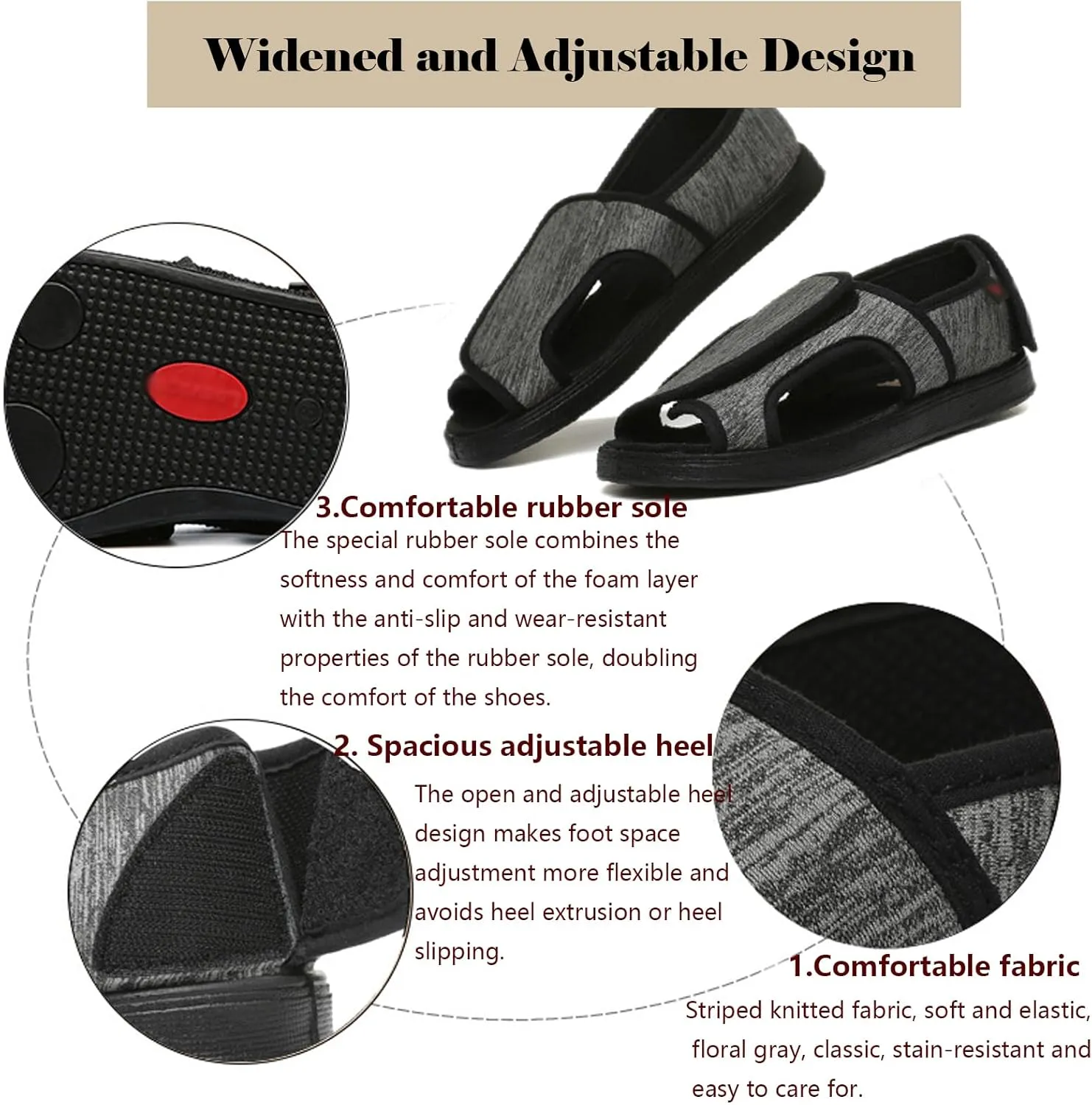 bumuam Men Women Walking Diabetic Sandals, with Adjustable Wide Open Toe Shoes Non-slip Slippers for Elderly Arthritis Edema Swollen Feet