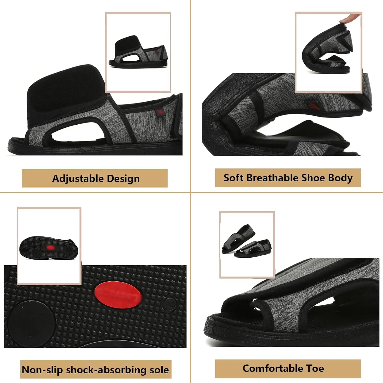 bumuam Men Women Walking Diabetic Sandals, with Adjustable Wide Open Toe Shoes Non-slip Slippers for Elderly Arthritis Edema Swollen Feet