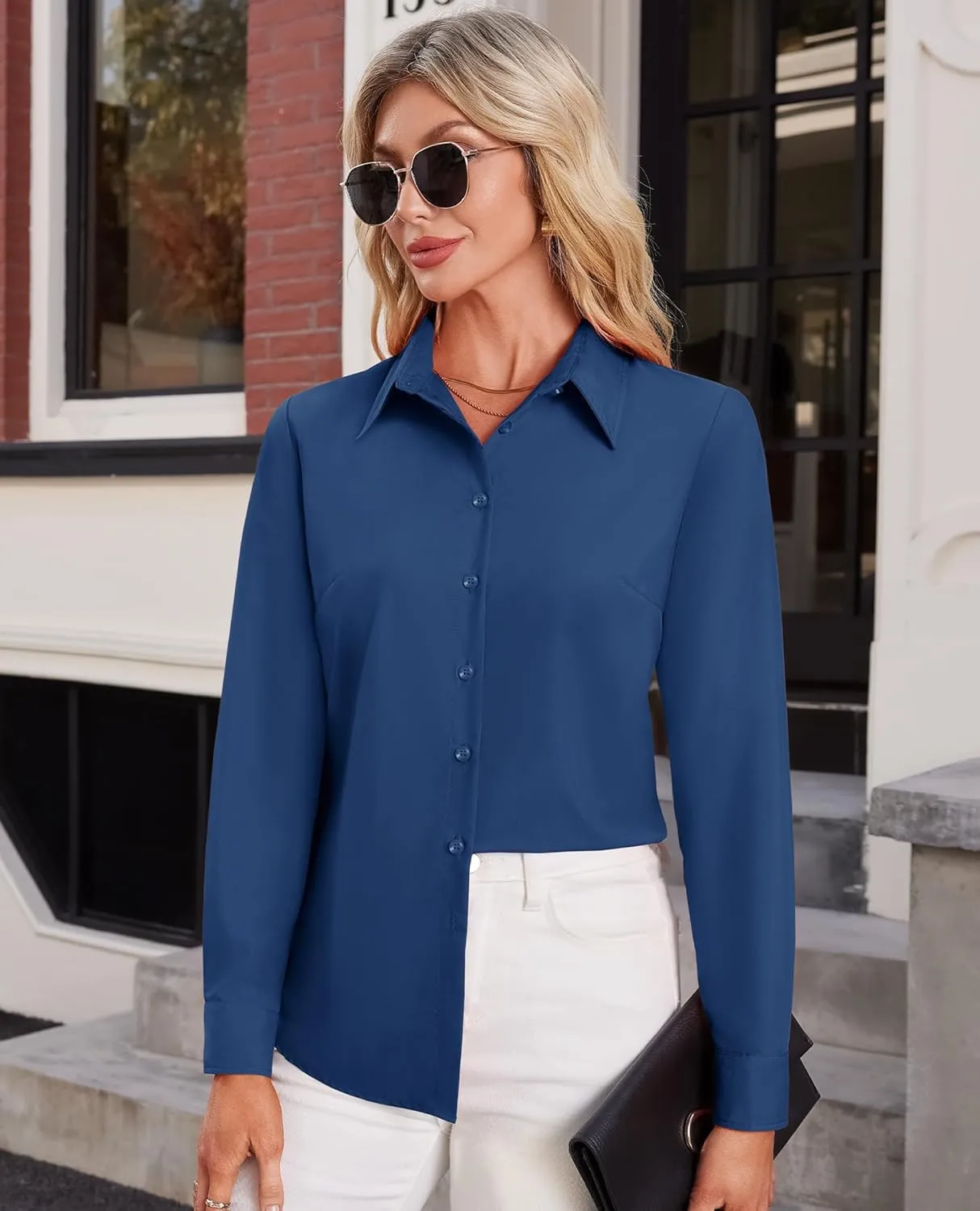 Button Down Shirts for Women Business Casual Blouses Long Sleeve Fit Dress Shirt Collar Wrinkle Free Work Tops