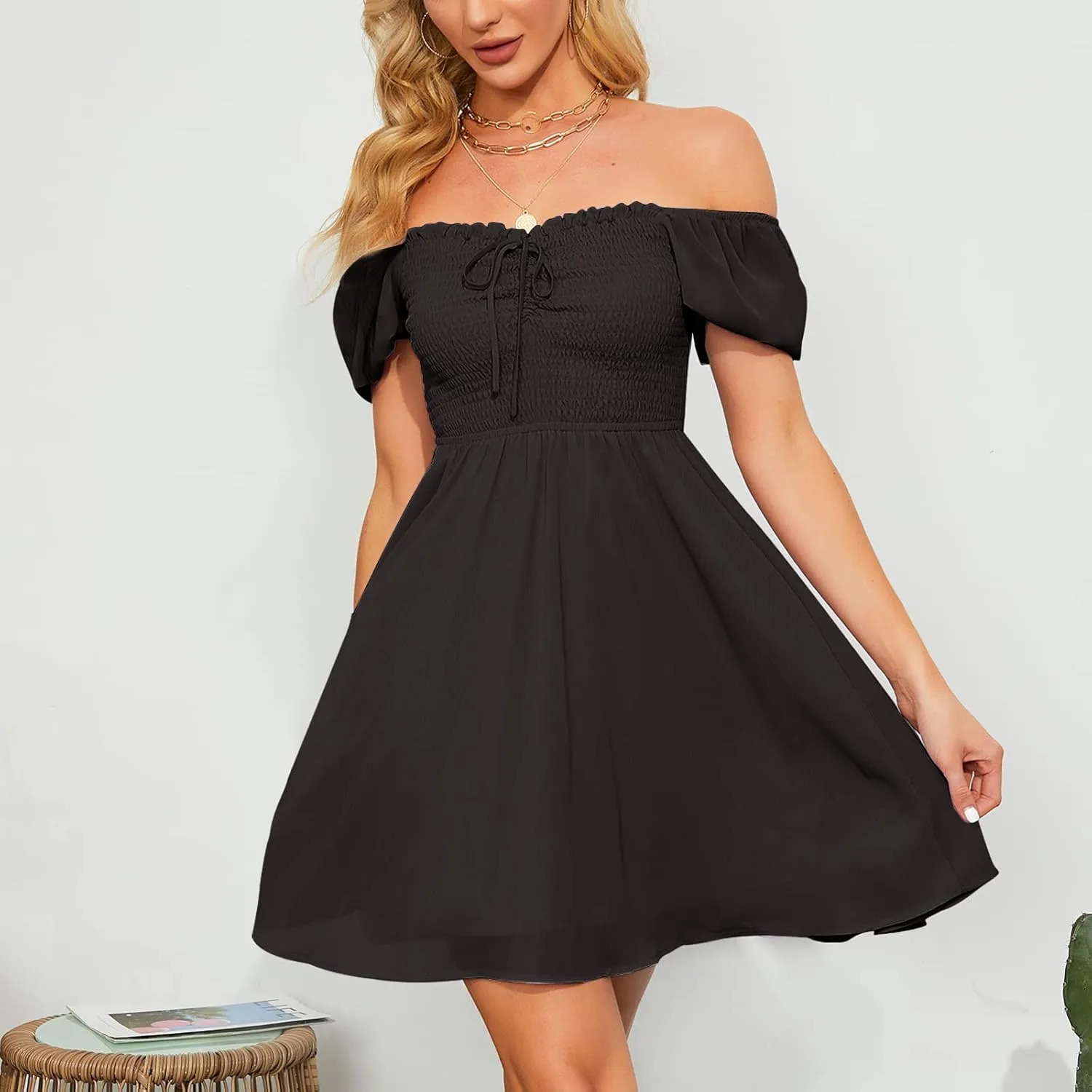 Byinns Women's Sweetheart Neckline Dress Smocked Sundress Puff Short Sleeve Drawstring Dresses