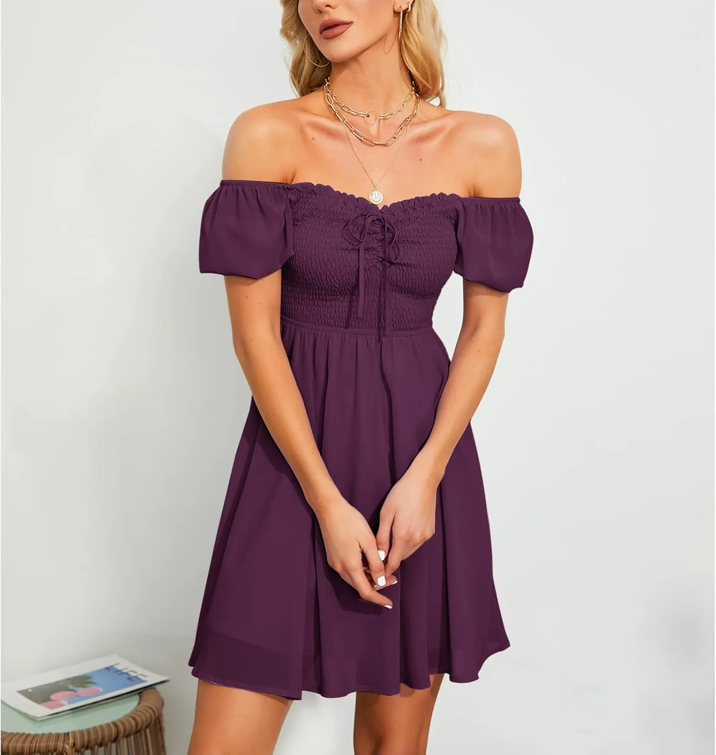 Byinns Women's Sweetheart Neckline Dress Smocked Sundress Puff Short Sleeve Drawstring Dresses