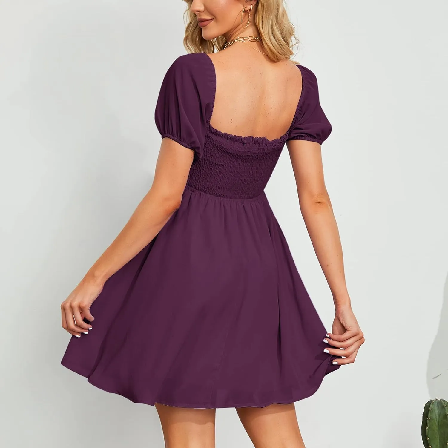 Byinns Women's Sweetheart Neckline Dress Smocked Sundress Puff Short Sleeve Drawstring Dresses