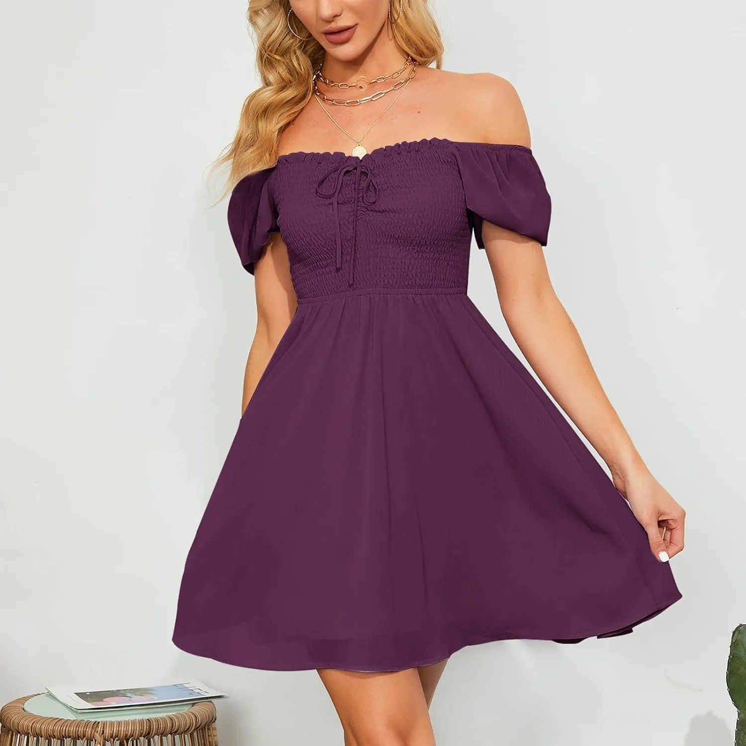 Byinns Women's Sweetheart Neckline Dress Smocked Sundress Puff Short Sleeve Drawstring Dresses