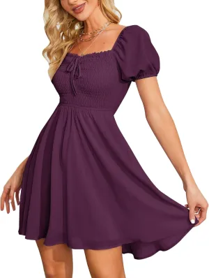 Byinns Women's Sweetheart Neckline Dress Smocked Sundress Puff Short Sleeve Drawstring Dresses