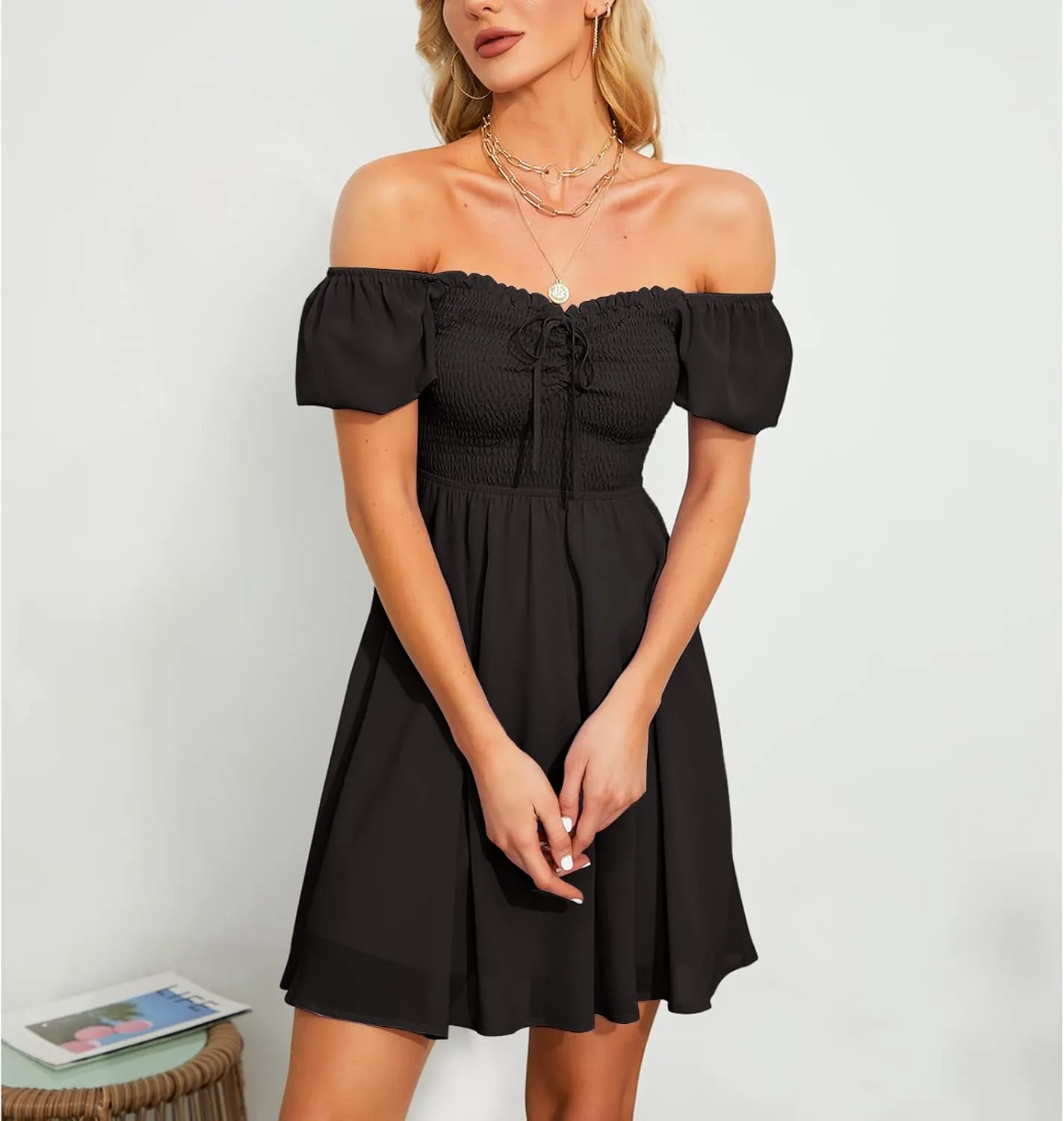 Byinns Women's Sweetheart Neckline Dress Smocked Sundress Puff Short Sleeve Drawstring Dresses