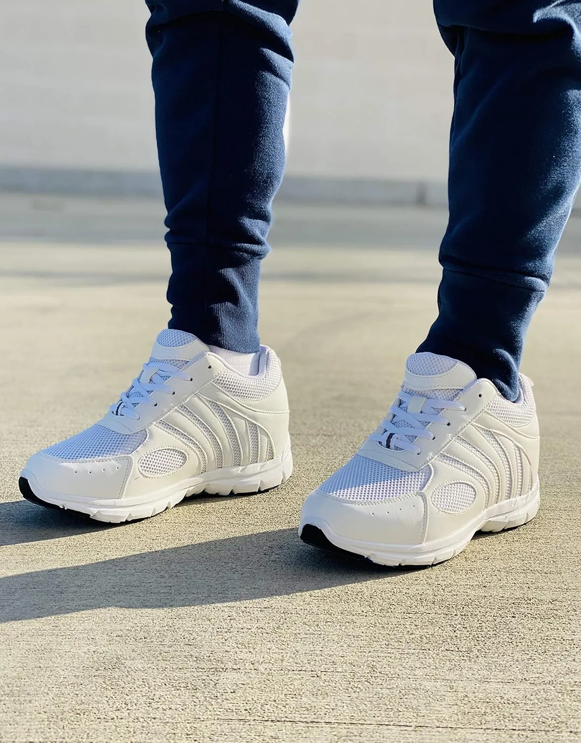 CALTO Men's Invisible Height Increasing Elevator Shoes - White Leather/Mesh Lace-up Super Lightweight Trainer Sneakers - 3 Inches Taller - G3303 - Size 8 D(M) US