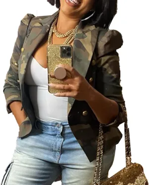 Camouflage Jacket for Women Lightweight Casual Long Sleeve Lapel Camo Blazer Jackets with Pockets