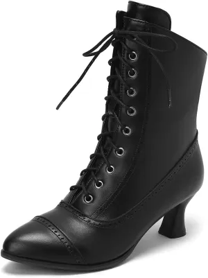 Carkuolary Womens Vintage Lace Up Calf Length Victorian Boots