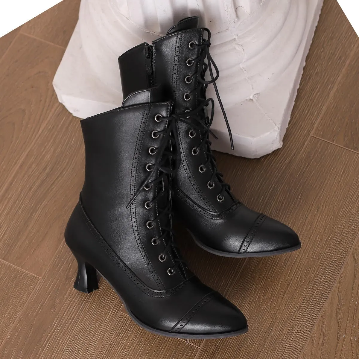 Carkuolary Womens Vintage Lace Up Calf Length Victorian Boots