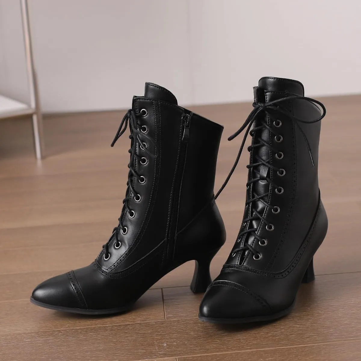 Carkuolary Womens Vintage Lace Up Calf Length Victorian Boots