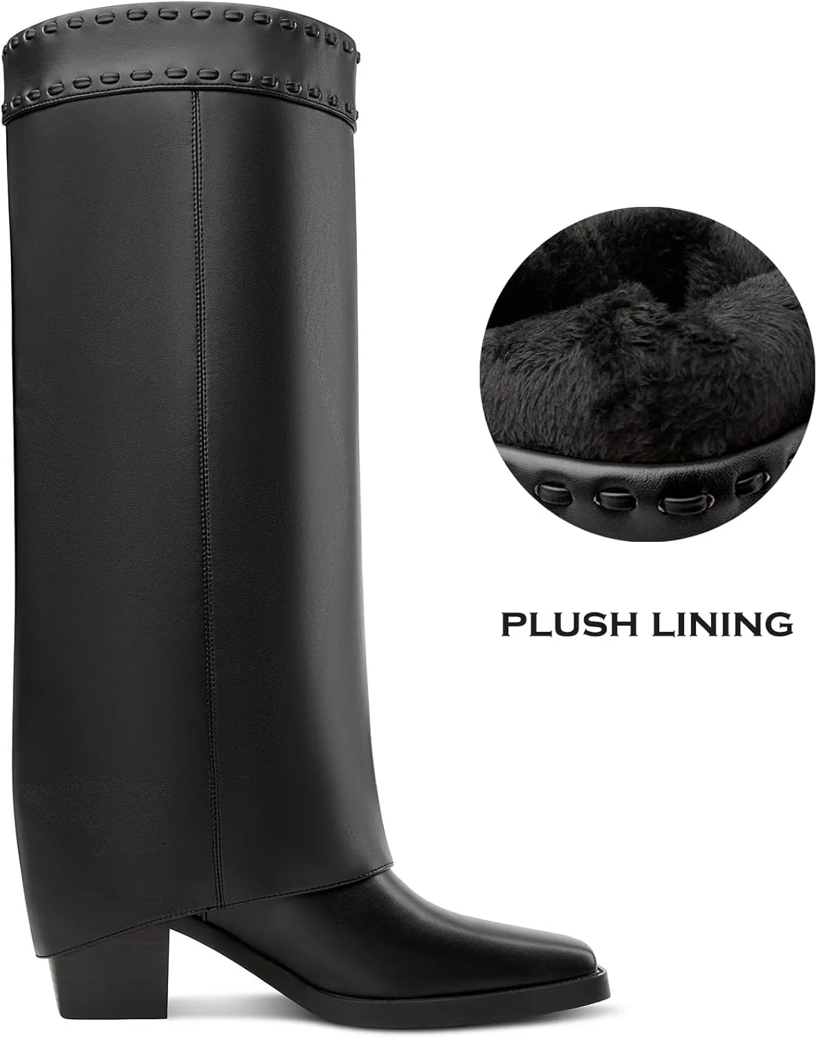 Castamere Fold Over Boots Shark Boots Womens Chunky Block Mid Heel Square Toe Knee High Boots Slip-on Party Dress Tall Boots