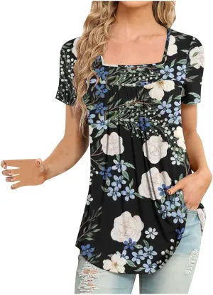 Ceboyel Womens Paisley Square Neck Tunic Tops Pleated Short Short Sleeve Shirts Casual Summer Blouses For Leggings 2023