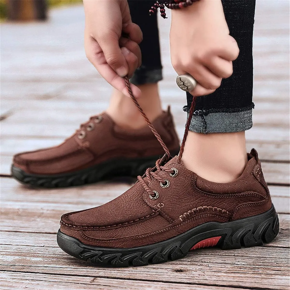 ChicWind Men's Anti Slip Outdoor Leather Sneakers Adventure Moc Hiking Shoes