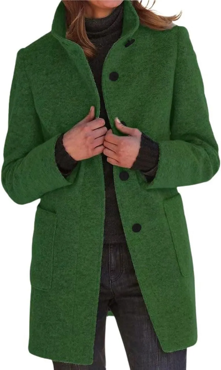 chouyatou Women's Winter Single Breasted Stand Collar Wool Coat Business Casual Wool Blend Overcoat