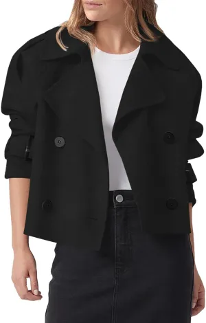 Cicy Bell Womens Cropped Trench Coat Double Breasted Notched Lapel Pea Coats Wool Blend Jacket Outerwear