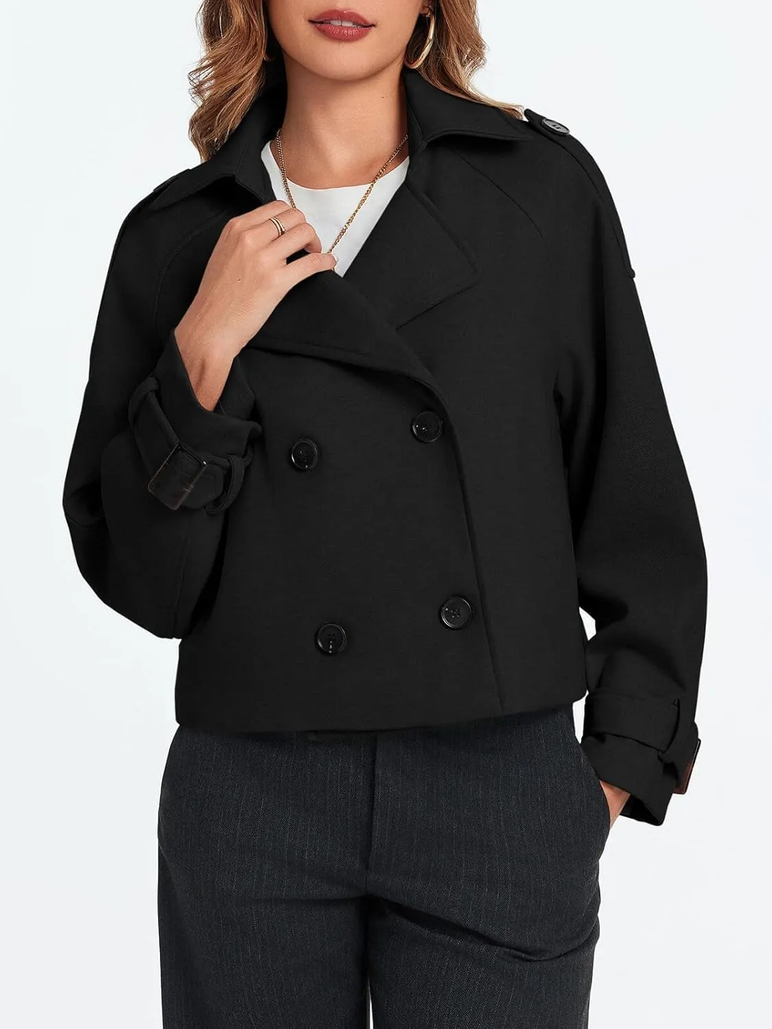 Cicy Bell Womens Cropped Trench Coat Double Breasted Notched Lapel Pea Coats Wool Blend Jacket Outerwear