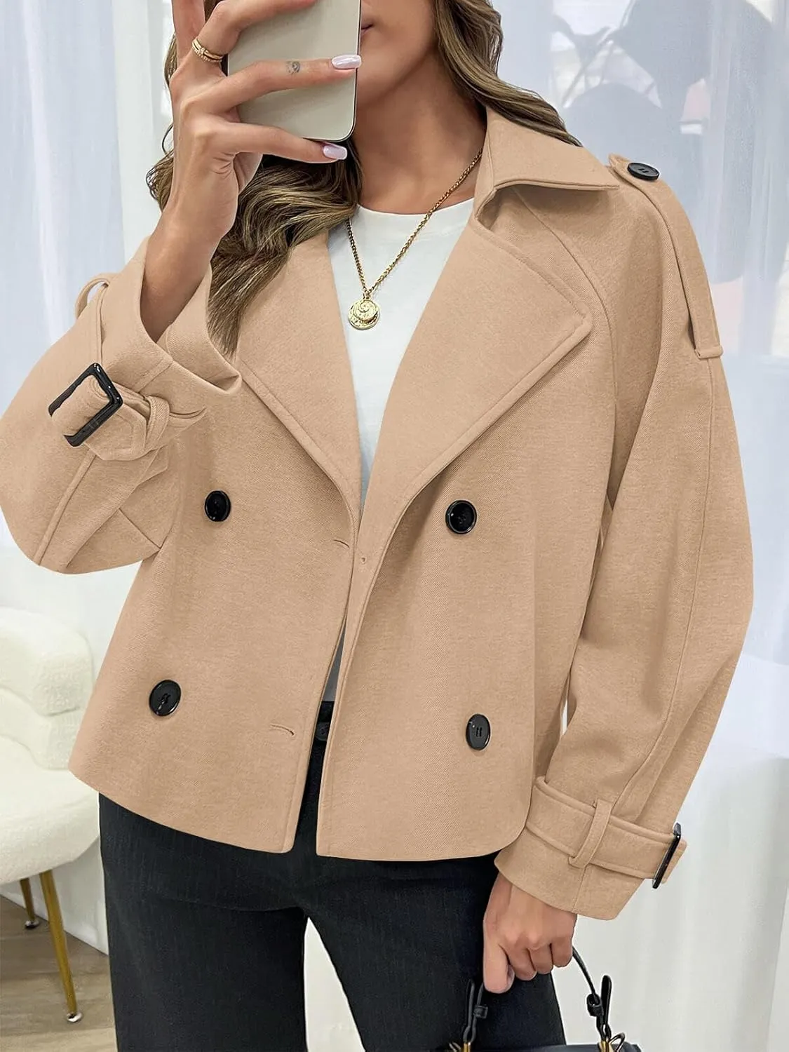 Cicy Bell Womens Cropped Trench Coat Double Breasted Notched Lapel Pea Coats Wool Blend Jacket Outerwear