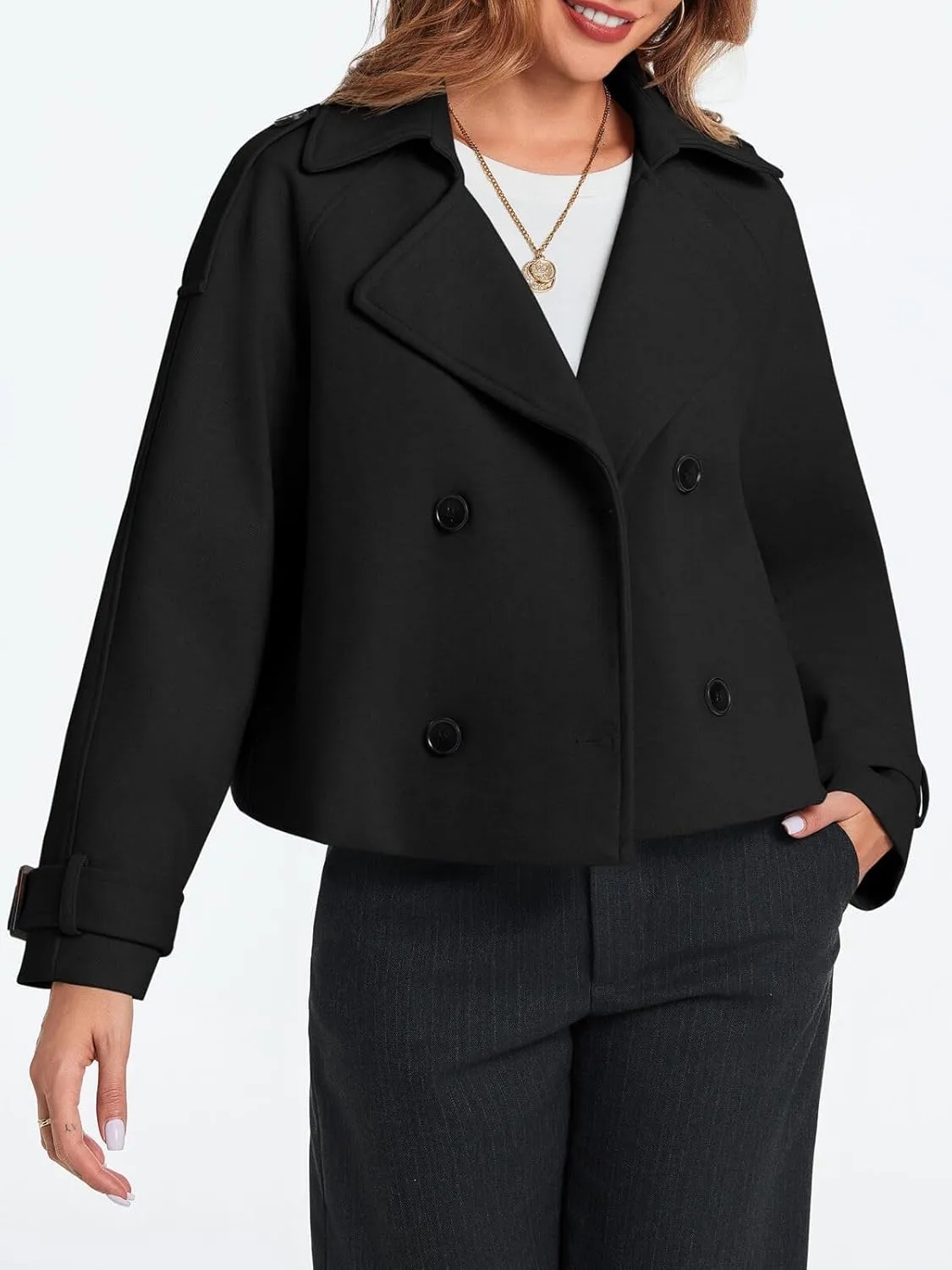 Cicy Bell Womens Cropped Trench Coat Double Breasted Notched Lapel Pea Coats Wool Blend Jacket Outerwear