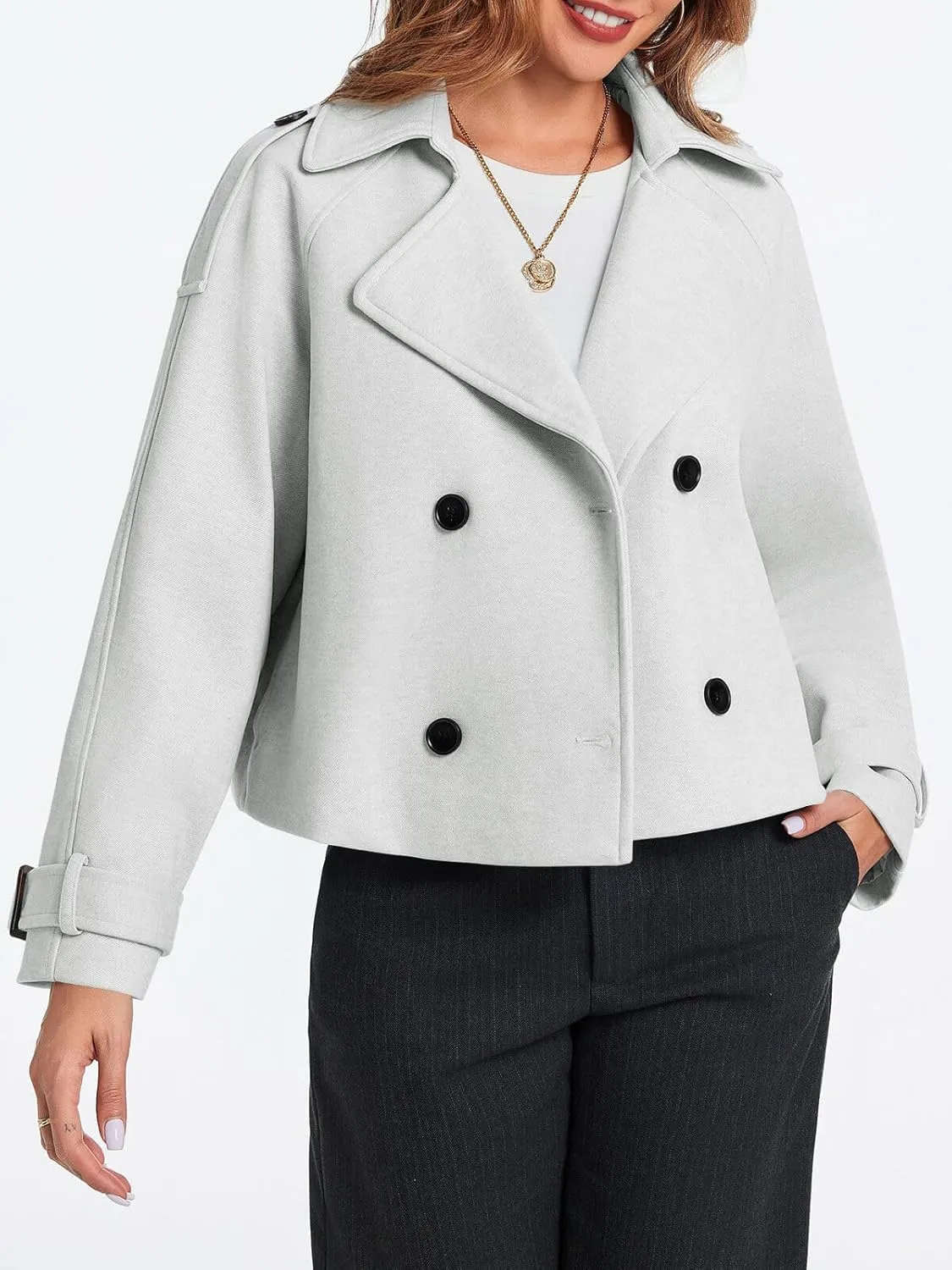 Cicy Bell Womens Cropped Trench Coat Double Breasted Notched Lapel Pea Coats Wool Blend Jacket Outerwear