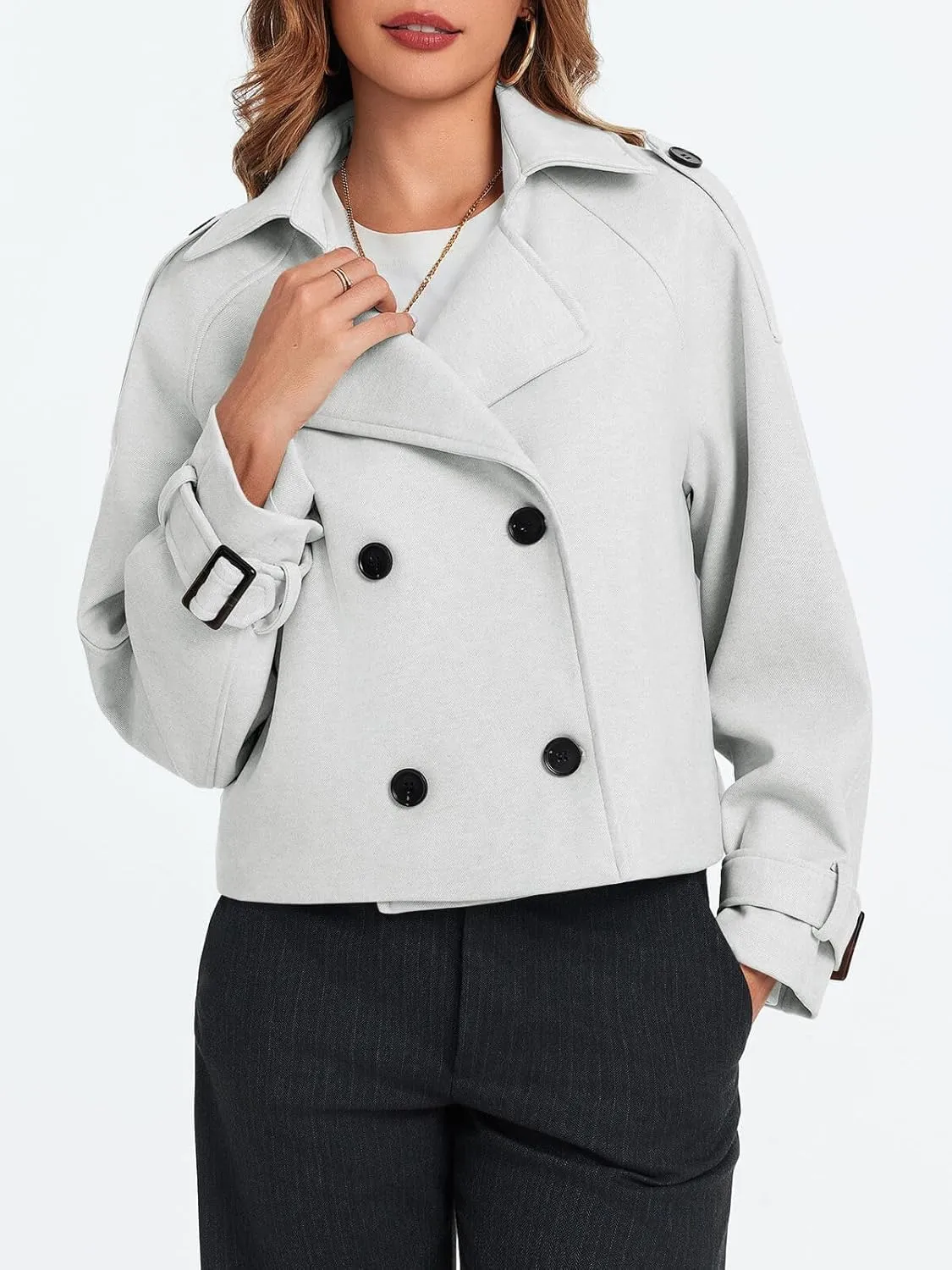 Cicy Bell Womens Cropped Trench Coat Double Breasted Notched Lapel Pea Coats Wool Blend Jacket Outerwear