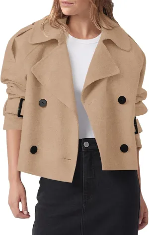 Cicy Bell Womens Cropped Trench Coat Double Breasted Notched Lapel Pea Coats Wool Blend Jacket Outerwear