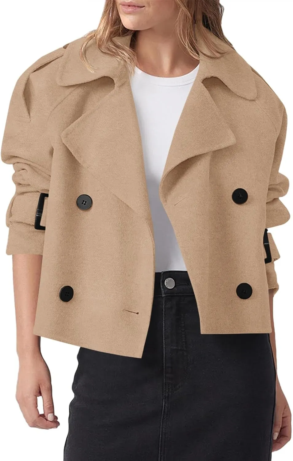 Cicy Bell Womens Cropped Trench Coat Double Breasted Notched Lapel Pea Coats Wool Blend Jacket Outerwear