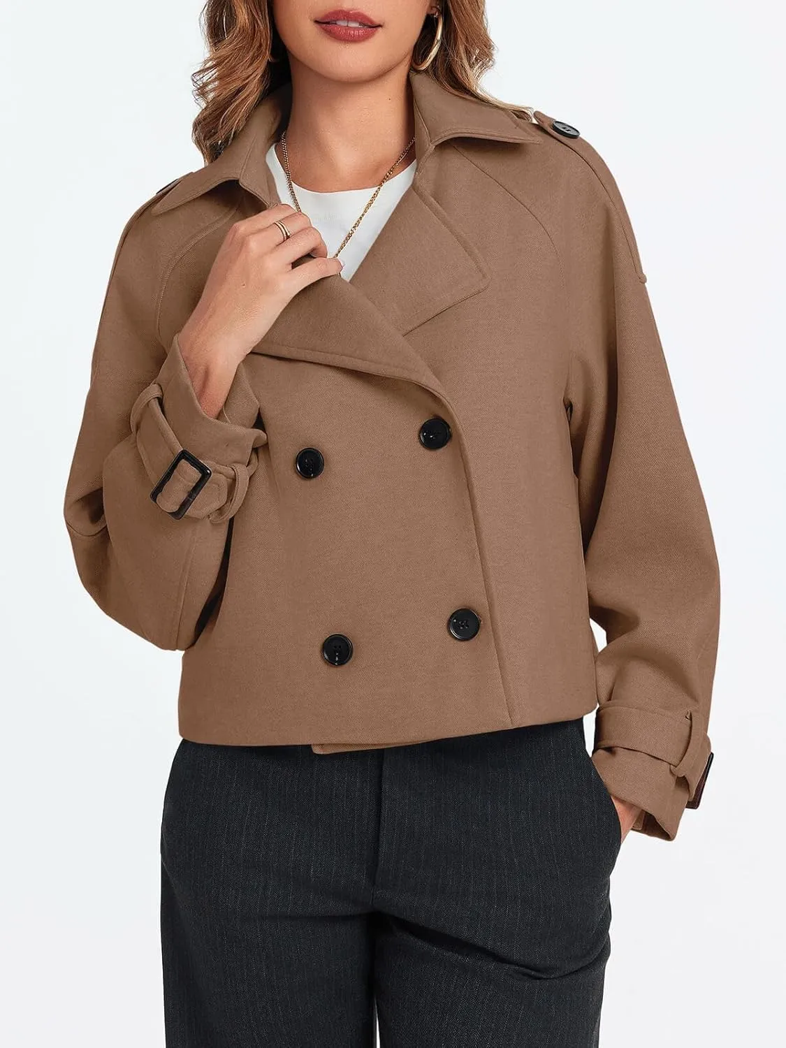 Cicy Bell Womens Cropped Trench Coat Double Breasted Notched Lapel Pea Coats Wool Blend Jacket Outerwear