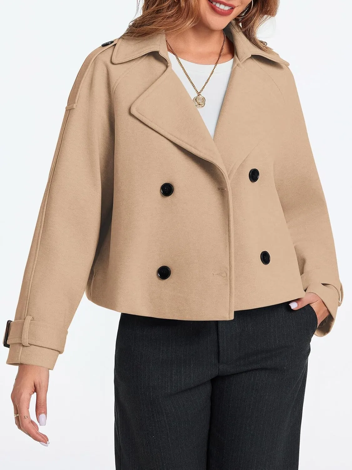 Cicy Bell Womens Cropped Trench Coat Double Breasted Notched Lapel Pea Coats Wool Blend Jacket Outerwear
