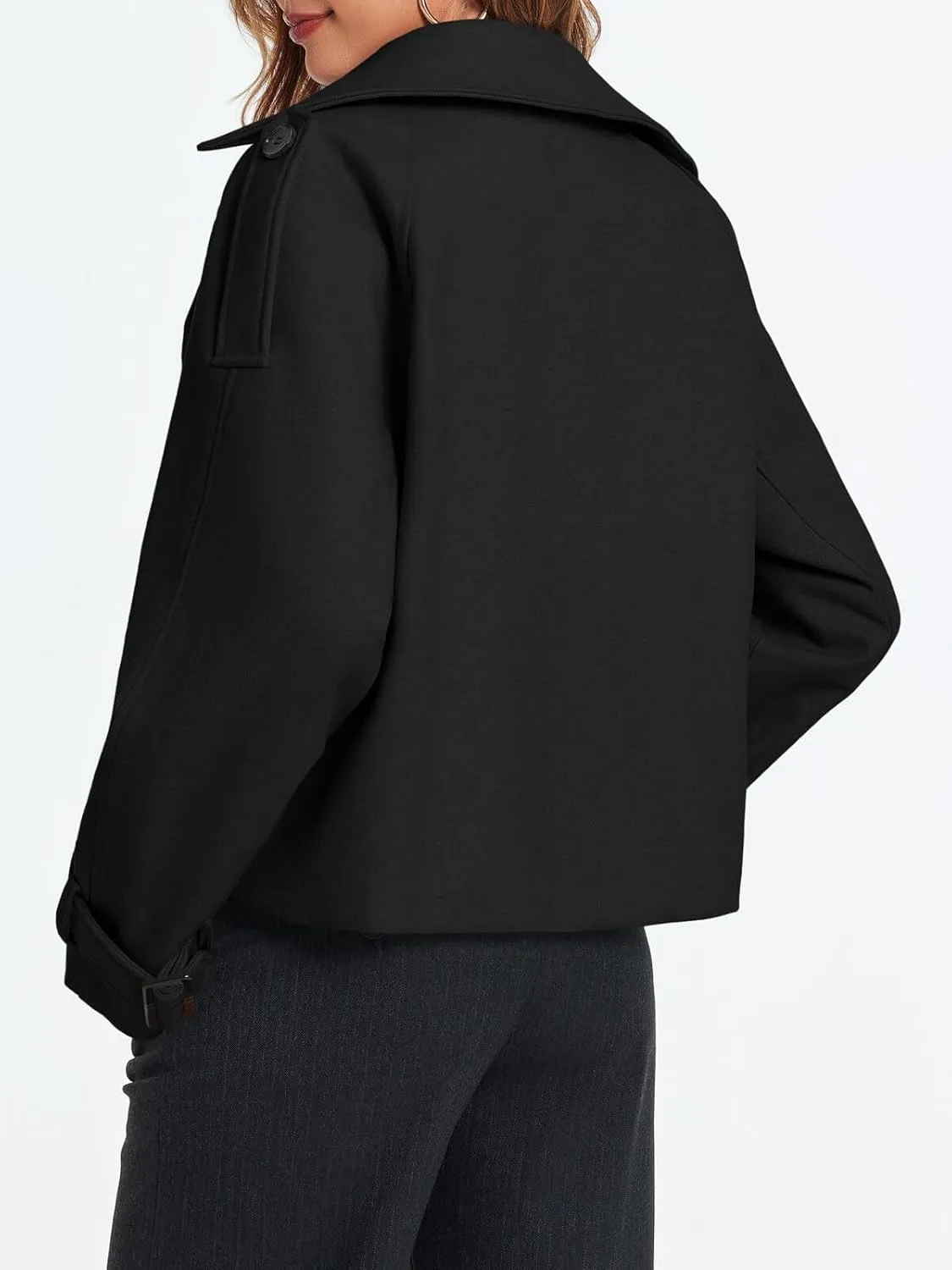 Cicy Bell Womens Cropped Trench Coat Double Breasted Notched Lapel Pea Coats Wool Blend Jacket Outerwear