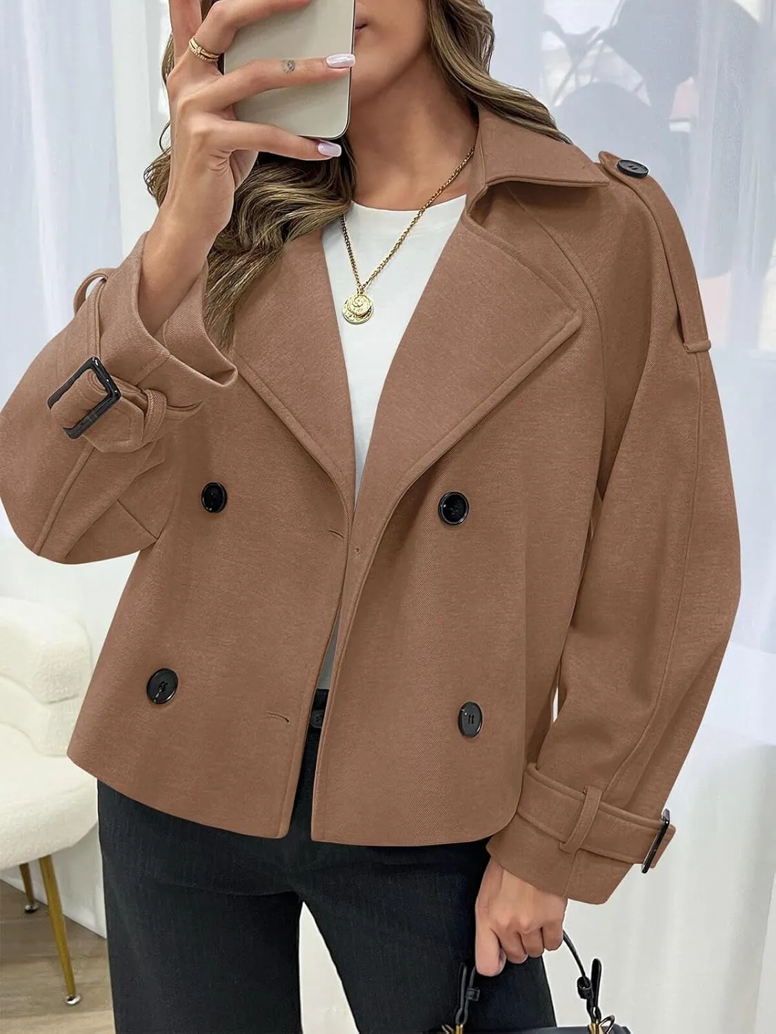 Cicy Bell Womens Cropped Trench Coat Double Breasted Notched Lapel Pea Coats Wool Blend Jacket Outerwear