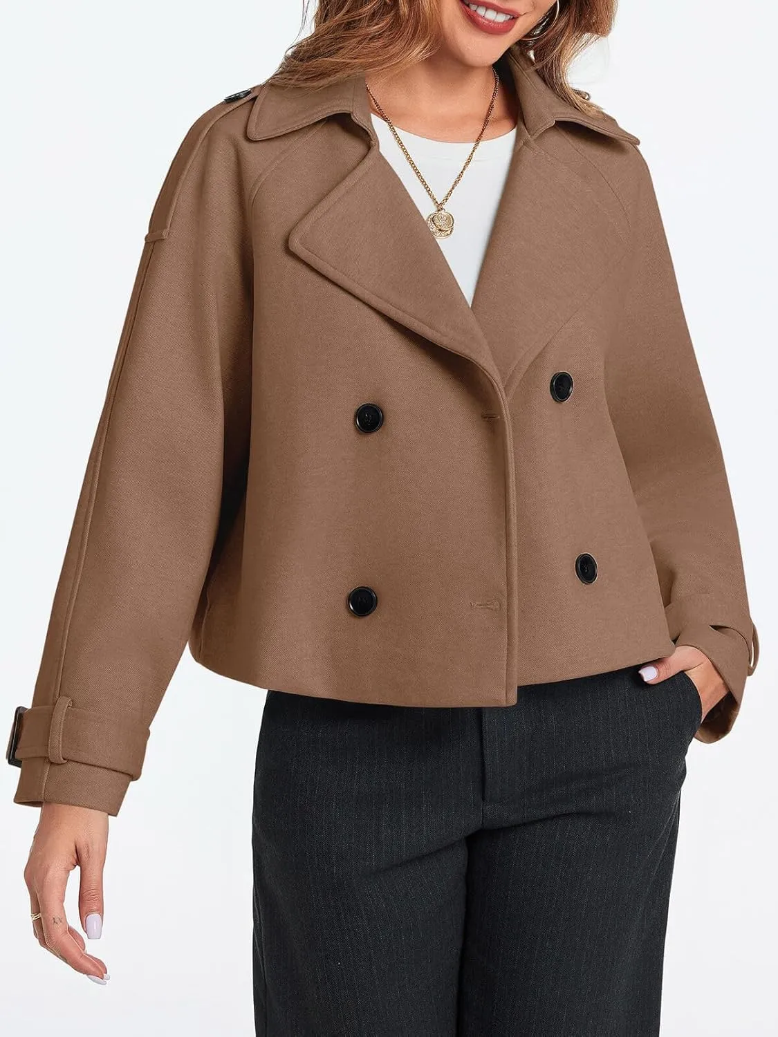 Cicy Bell Womens Cropped Trench Coat Double Breasted Notched Lapel Pea Coats Wool Blend Jacket Outerwear
