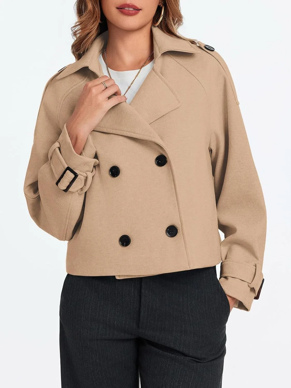 Cicy Bell Womens Cropped Trench Coat Double Breasted Notched Lapel Pea Coats Wool Blend Jacket Outerwear