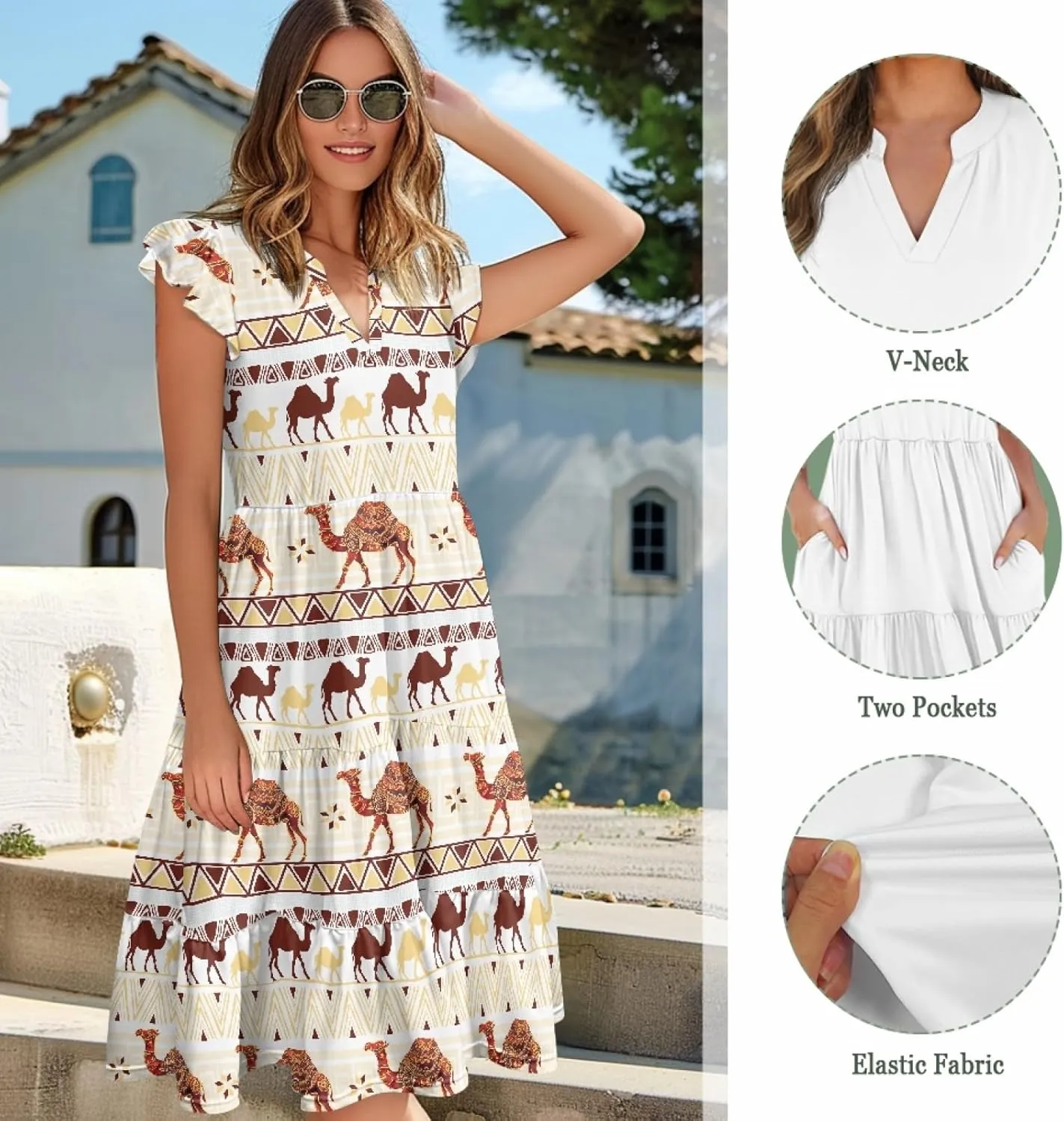 Coloranimal Summer Dresses for Women Maxi Dress with Pockets Formal Sundresses Beach Dress Short Sleeve Midi Dress