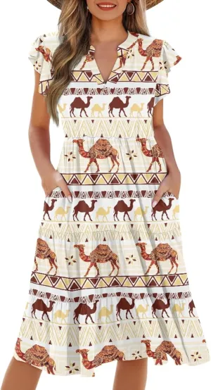 Coloranimal Summer Dresses for Women Maxi Dress with Pockets Formal Sundresses Beach Dress Short Sleeve Midi Dress